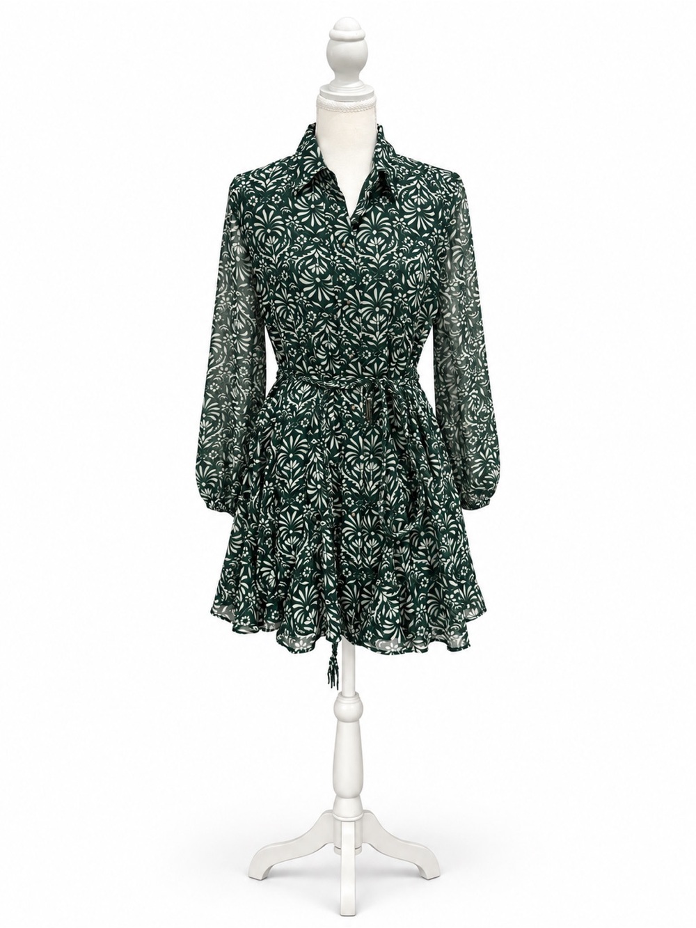 NWT Zara Green Printed Belted Long Sleeve Mini Dress Size S